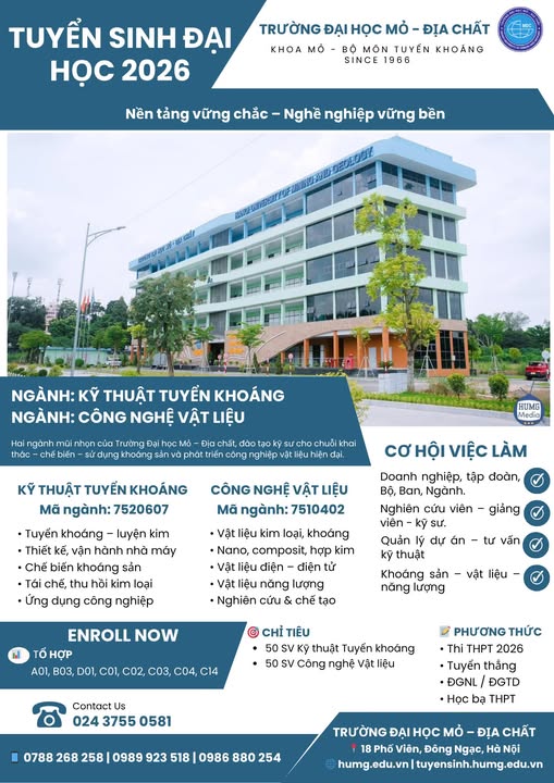  TUYỂN SINH ĐẠI HỌC 2026 NGÀNH KỸ THUẬT TUYỂN KHOÁNG & CÔNG NGHỆ VẬT LIỆU Trường Đại học Mỏ – Địa chất (HUMG)